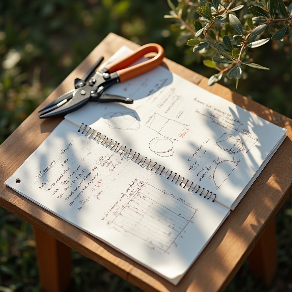 Materiale didattico del corso di potatura disposto su tavolo rustico in oliveto