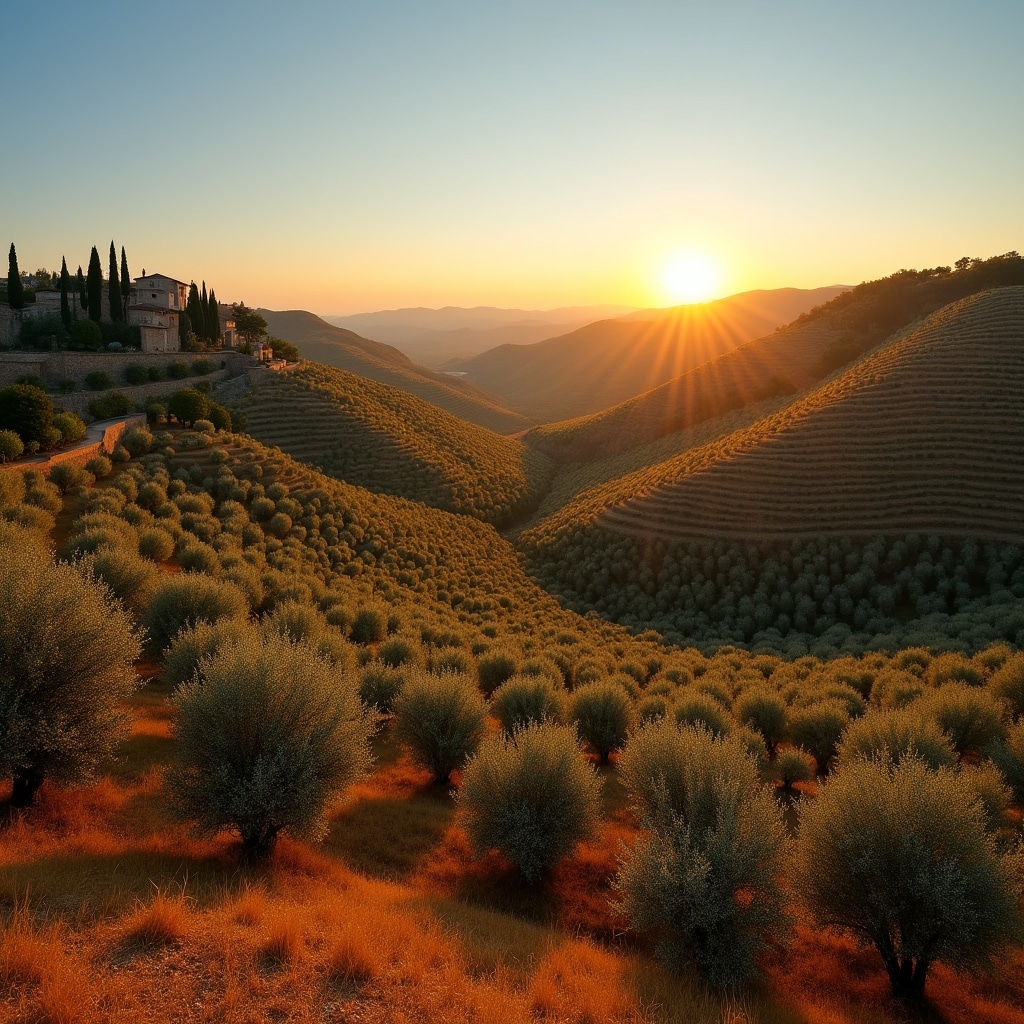 Panorama di oliveto umbro con colline sullo sfondo al tramonto
