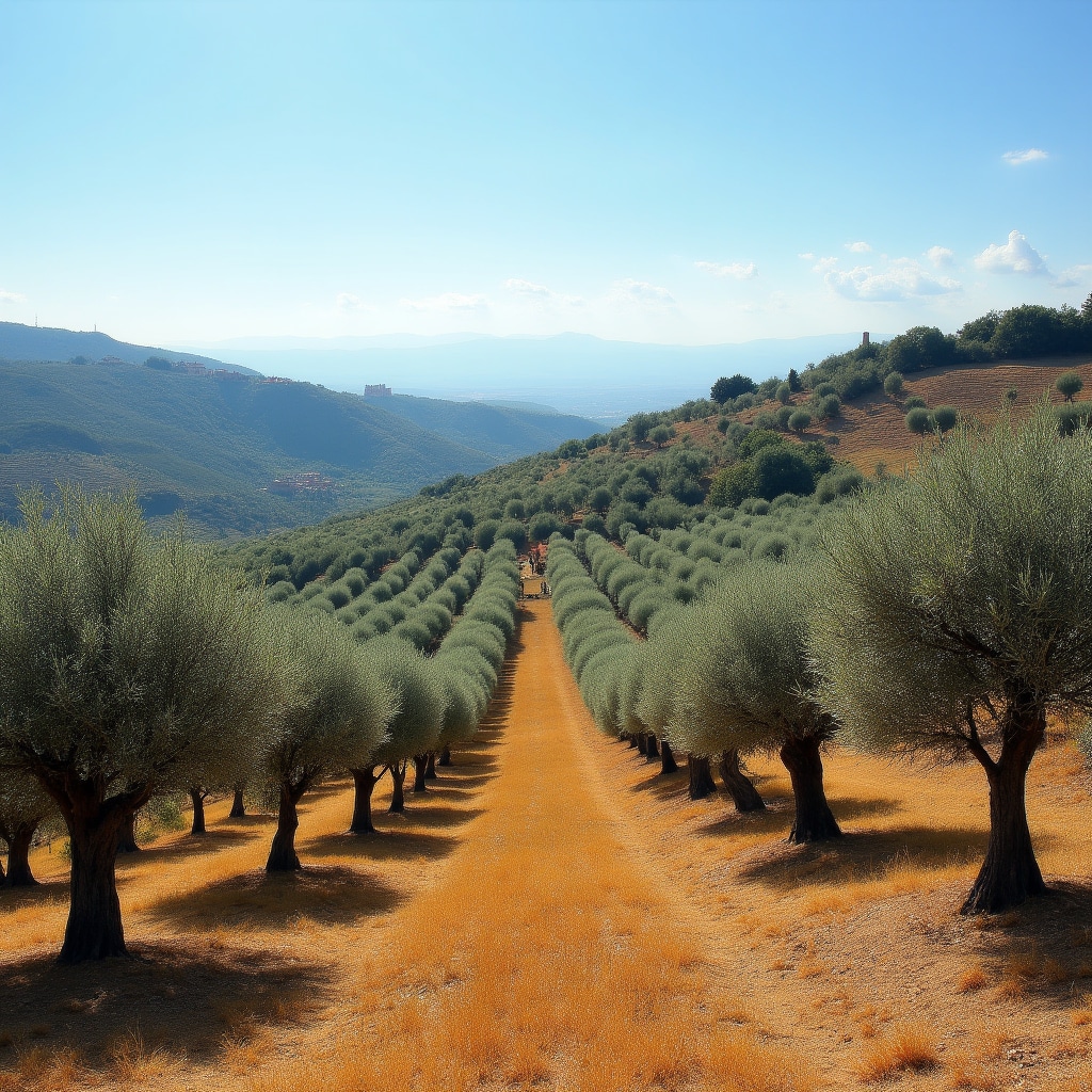 Filari di ulivi sulle colline intorno a Perugia in una giornata limpida